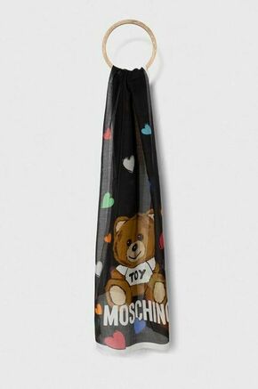 Šal s primesjo svile Moschino črna barva - črna. Šal iz kolekcije Moschino. Model izdelan iz vzorčaste tkanine.