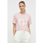 Bombažna kratka majica Guess ženski, roza barva - roza. Kratka majica iz kolekcije Guess, izdelana iz tanke, elastične pletenine. Model iz zračne bombažne tkanine.
