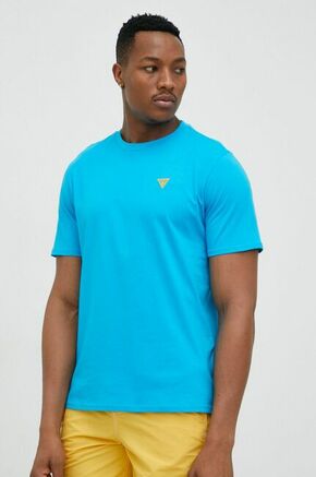 Bombažna kratka majica Guess - modra. Kratka majica iz kolekcije Guess. Model izdelan iz pletenine z nalepko.