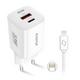 Aligator Omrežni polnilnik Power Delivery 33W, USB-C + USB-A + cable for Apple - white