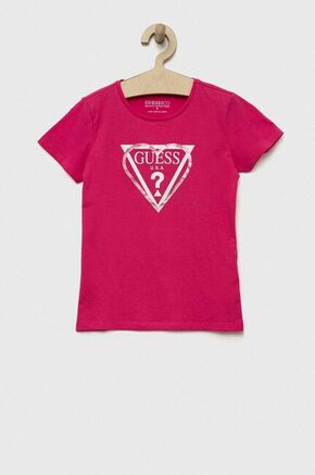 Otroška kratka majica Guess roza barva - roza. Otroške kratka majica iz kolekcije Guess. Model izdelan iz pletenine s potiskom. Model iz izjemno udobne tkanine z visoko vsebnostjo bombaža.
