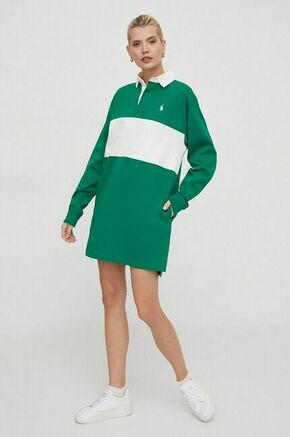 Bombažna obleka Polo Ralph Lauren zelena barva - zelena. Obleka iz kolekcije Polo Ralph Lauren. Model izdelan iz vzorčaste pletenine. Model iz izjemno udobne bombažne tkanine.