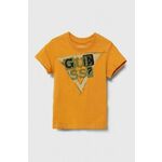 Otroška bombažna kratka majica Guess oranžna barva - oranžna. Otroške kratka majica iz kolekcije Guess, izdelana iz tanke, elastične pletenine. Model iz zračne bombažne tkanine.