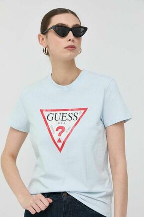 Bombažna kratka majica Guess - modra. Kratka majica iz kolekcije Guess. Model izdelan iz tanke