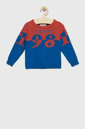 Otroški bombažen pulover Guess rdeča barva - rdeča. Otroški Pulover iz kolekcije Guess. Model z okroglim izrezom