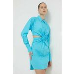Obleka Blugirl Blumarine - modra. Obleka iz kolekcije Blugirl Blumarine. Raven model, izdelan iz enobarvne tkanine. Vključena je učinkovita broška.