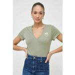 Bombažna kratka majica Pinko ženski, zelena barva - zelena. Kratka majica iz kolekcije Pinko, izdelana iz tanke, elastične pletenine. Model iz izjemno udobne bombažne tkanine.
