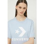 Bombažna kratka majica Converse - modra. Lahkotna kratka majica iz kolekcije Converse, izdelana iz pletenine, prijetne na otip. Model iz izjemno udobne bombažne tkanine.