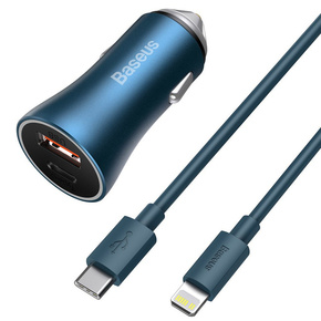 BASEUS Baseus Golden Contactor Pro hitri avtomobilski polnilec USB tipa C / USB 40 W Power Delivery 3.0 Quick Charge 4+ SCP FCP AFC + USB tipa C - Lightning modri kabel (TZCCJD-03)