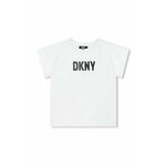 Otroška kratka majica Dkny bela barva - bela. Otroške kratka majica iz kolekcije Dkny. Model izdelan iz tanke, elastične pletenine. Model iz zračne tkanine z visoko vsebnostjo bombaža.