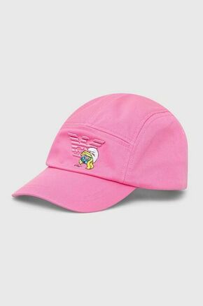 Otroška bombažna bejzbolska kapa Emporio Armani roza barva - roza. Otroški kapa s šiltom vrste baseball iz kolekcije Emporio Armani. Model izdelan iz tkanine z nalepko.