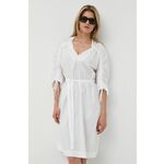 Bombažna obleka BOSS bela barva, - bela. Lahkotna obleka iz kolekcije BOSS. Nabran model izdelan iz enobarvne tkanine.