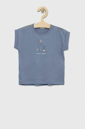 Otroška bombažna majica United Colors of Benetton - modra. Kratka majica za dojenčka iz kolekcije United Colors of Benetton. Model izdelan iz mehke pletenine s potiskom. Nežen material