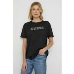Kratka majica Guess ženski, črna barva - črna. Kratka majica iz kolekcije Guess, izdelana iz tanke, elastične pletenine. Zaradi vsebnosti poliestra je tkanina bolj odporna na gubanje.