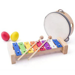 Lesnati glasbeni set (ksilofon, tamburin / boben, trikotnik, 2 jajci marake)