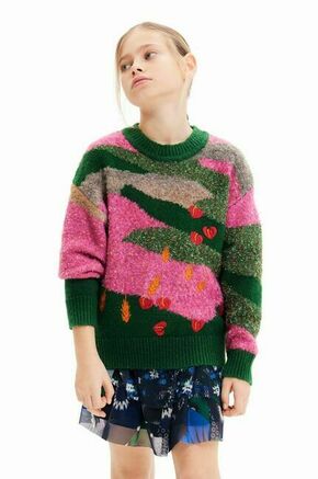 Otroški pulover s primesjo volne Desigual roza barva - roza. Otroške Pulover iz kolekcije Desigual. Model izdelan iz vzorčaste pletenine. Zaradi svoje visoke termoregulacijske sposobnosti vam volna pomaga ohranjati toploto