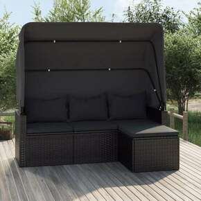 VidaXL Vrtni kavč trosed s streho in stolčkom za noge črn poli ratan