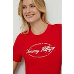 Bombažna kratka majica Tommy Hilfiger ženski, rdeča barva - rdeča. Kratka majica iz kolekcije Tommy Hilfiger, izdelana iz tanke, elastične pletenine. Model iz izjemno udobne bombažne tkanine, ki je zračna.