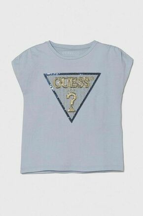 Otroška kratka majica Guess - modra. Otroške kratka majica iz kolekcije Guess. Model izdelan iz pletenine z nalepko. Model iz izjemno udobne tkanine z visoko vsebnostjo bombaža.
