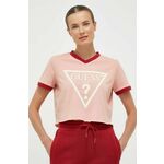 Bombažna kratka majica Guess roza barva - roza. Kratka majica iz kolekcije Guess, izdelana iz tanke, elastične pletenine. Model iz mehke in na otip prijetne tkanine.
