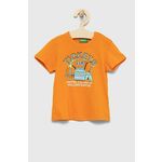 Otroški bombažen t-shirt United Colors of Benetton oranžna barva - oranžna. Otroški T-shirt iz kolekcije United Colors of Benetton. Model izdelan iz pletenine z nalepko.
