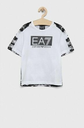 Otroška bombažna kratka majica EA7 Emporio Armani bela barva - bela. Otroške kratka majica iz kolekcije EA7 Emporio Armani. Model izdelan iz vzorčaste pletenine. Lahek in udoben model