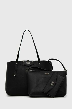 Dvostranska torba Guess - črna. Velika shopper torbica iz kolekcije Guess. na zapenjanje model izdelan iz ekološkega usnja.