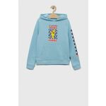 Otroški pulover Vans x Haribo s kapuco - modra. Otroški pulover s kapuco iz kolekcije Vans, izdelan iz udobne, rahlo elastične tkanine. Model z mehko oblazinjeno sredino zagotavlja mehkobo in dodatno toploto.