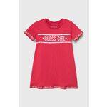 Otroška bombažna obleka Guess roza barva - roza. Obleka iz kolekcije Guess. Model izdelan iz tanke, elastične pletenine. Model iz zračne bombažne tkanine.