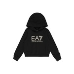 Otroški pulover EA7 Emporio Armani črna barva, s kapuco - črna. Otroški pulover s kapuco iz kolekcije EA7 Emporio Armani, izdelan iz pletenine s potiskom. Model iz izjemno udobne tkanine z visoko vsebnostjo bombaža.