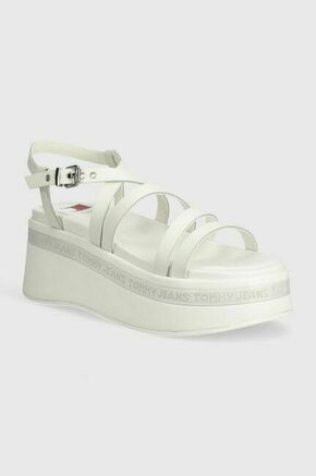 Usnjeni sandali Tommy Jeans TJW STRAPPY WEDGE SANDAL bela barva