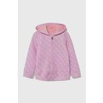 Otroški pulover Guess roza barva, s kapuco - roza. Otroški pulover s kapuco iz kolekcije Guess, izdelan iz udobne pletenine. Material z optimalno elastičnostjo zagotavlja popolno svobodo gibanja.