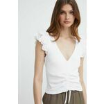 Majica Guess ELENA ženska, bela barva, W4GP10 KC7D2 - bela. Bluza iz kolekcije Guess izdelana iz kombinacija dveh različnih materialov. Zaradi vsebnosti poliestra je tkanina bolj odporna na gubanje.