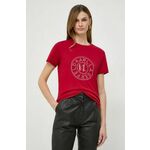 Bombažna kratka majica Karl Lagerfeld ženski, rdeča barva - rdeča. Kratka majica iz kolekcije Karl Lagerfeld, izdelana iz pletenine z nalepko. Model iz zračne bombažne tkanine.