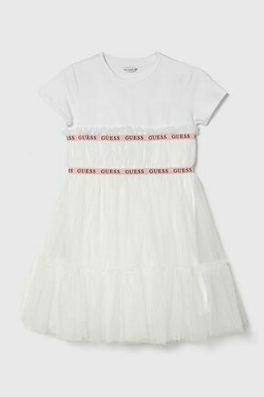Otroška obleka Guess bela barva - bela. Otroški obleka iz kolekcije Guess. Model izdelan iz kombinacija dveh različnih materialov. Izrazit model za posebne priložnosti.