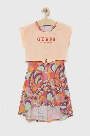 Otroška obleka Guess oranžna barva - oranžna. Otroška Lahkotna obleka iz kolekcije Guess. Nabran model izdelan iz tanke