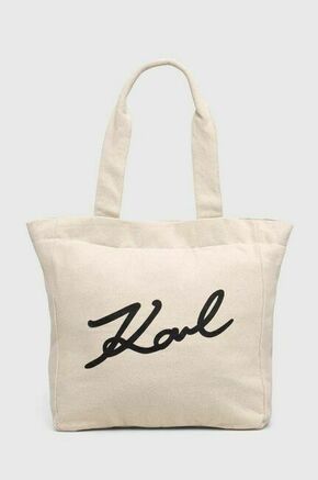 Bombažna torba Karl Lagerfeld bež barva - bež. Velika nakupovalna torbica iz kolekcije Karl Lagerfeld. Model na zapenjanje
