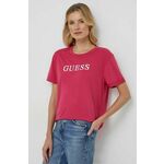 Kratka majica Guess ženski, roza barva - roza. Kratka majica iz kolekcije Guess, izdelana iz tanke, elastične pletenine. Zaradi vsebnosti poliestra je tkanina bolj odporna na gubanje.