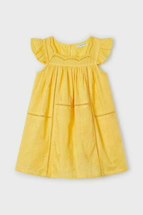 Otroška bombažna obleka Mayoral rumena barva - rumena. Obleka iz kolekcije Mayoral. Model izdelan iz enobarvnega materiala. Model iz izjemno udobne bombažne tkanine.