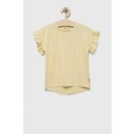 Otroška bombažna kratka majica Guess rumena barva - rumena. Otroške kratka majica iz kolekcije Guess. Model izdelan iz elastične pletenine. Model iz izjemno udobne bombažne tkanine.