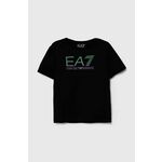 Otroška bombažna kratka majica EA7 Emporio Armani črna barva - črna. Otroške lahkotna kratka majica iz kolekcije EA7 Emporio Armani, izdelana iz pletenine, prijetne na otip. Model iz izjemno udobne bombažne tkanine.
