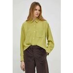 Svilena srajca Levi's ženska, zelena barva - zelena. Srajca iz kolekcije Levi's. Model izdelan iz enobarvne tkanine. Ima klasičen ovratnik.