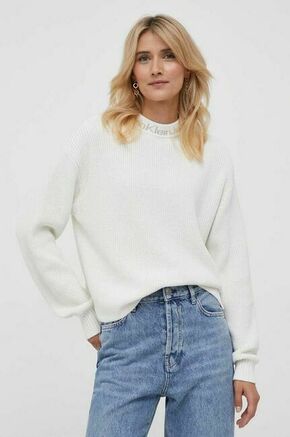 Bombažen pulover Calvin Klein Jeans bež barva - bež. Pulover iz kolekcije Calvin Klein Jeans. Model izdelan iz enobarvne pletenine. Model iz zračne bombažne tkanine.