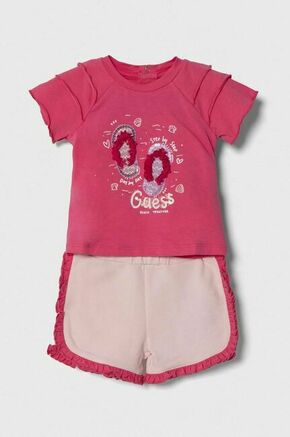 Komplet za dojenčka Guess roza barva - roza. Komplet za dojenčke iz kolekcije Guess. Model izdelan iz elastične pletenine. Izjemno udobna tkanina z visoko vsebnostjo bombaža.
