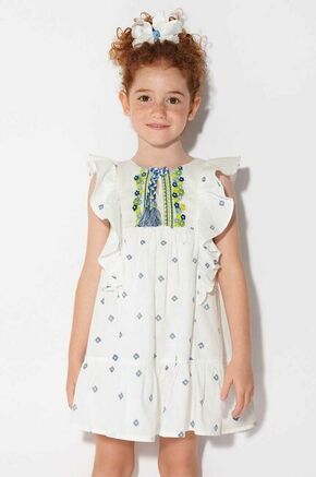 Otroška bombažna obleka Mayoral bela barva - bela. Otroška Obleka iz kolekcije Mayoral. Nabran model izdelan iz vzorčastega materiala.