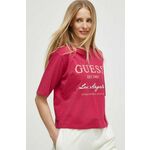 Bombažna kratka majica Guess ženski, roza barva - roza. Kratka majica iz kolekcije Guess, izdelana iz tanke, elastične pletenine. Model iz izjemno udobne bombažne tkanine.