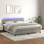 Greatstore Box spring postelja z vzmetnico LED svetlo siva 180x200cm žamet