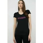 Kratka majica Guess ženski, črna barva - črna. Kratka majica iz kolekcije Guess. Model izdelan iz tanke, elastične pletenine.