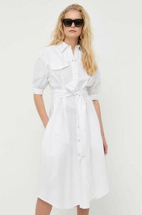 Bombažna obleka Pinko bela barva - bela. Obleka iz kolekcije Pinko. Model izdelan iz enobarvne tkanine. Model iz izjemno udobne bombažne tkanine.