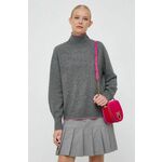 Volnen pulover Pinko ženski, siva barva - siva. Pulover iz kolekcije Pinko. Model izdelan iz enobarvne pletenine. Volna ima naravno zračnost, absorpcijo vlage in termoregulacijske lastnosti.